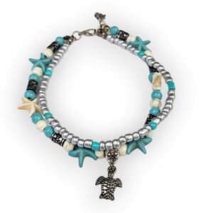 Sea Turtle Ankle Bracelet Anklet Starfish Beaded Double Strand Charm Blue 9.25"